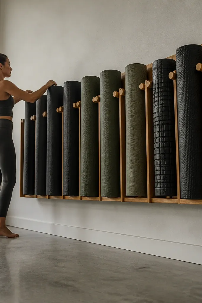 Wood wall rack holding a rolled mat and foam rollers in neat vertical slots