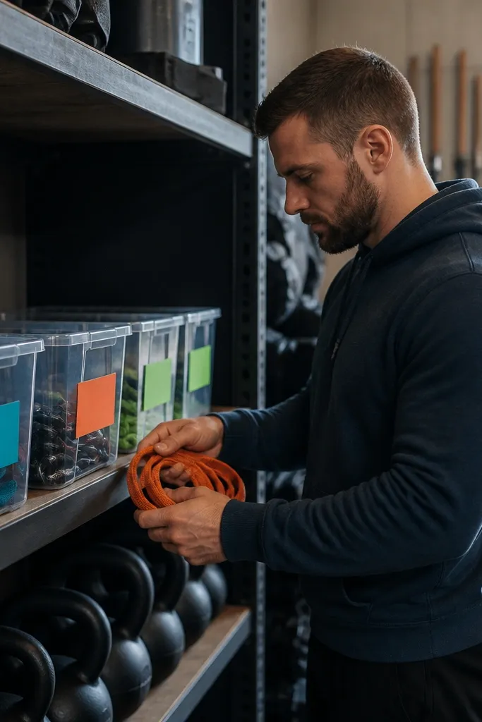 Transparent bins with colored labels stacked on a shelf above the bench area
