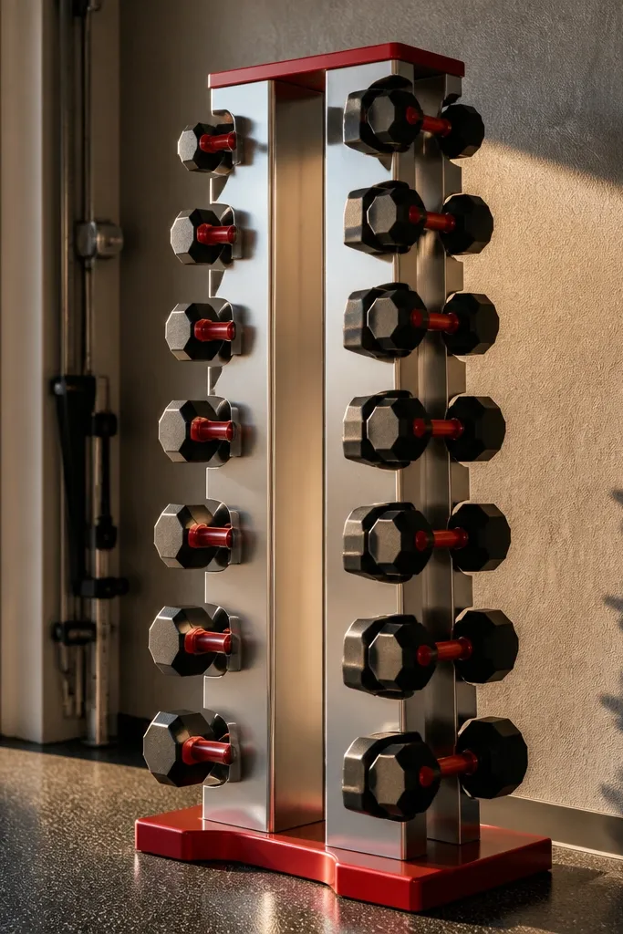 Vertical dumbbell rack with matching end caps holding pairs in rows