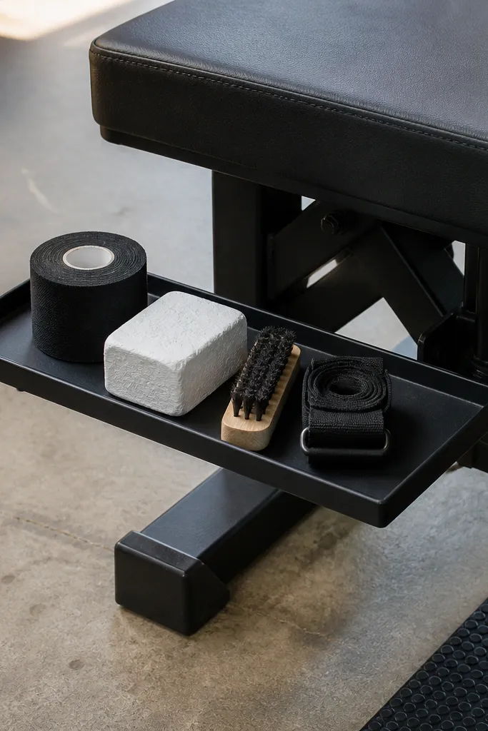 Small bench-side tray holding chalk, lifting tape, and a brush