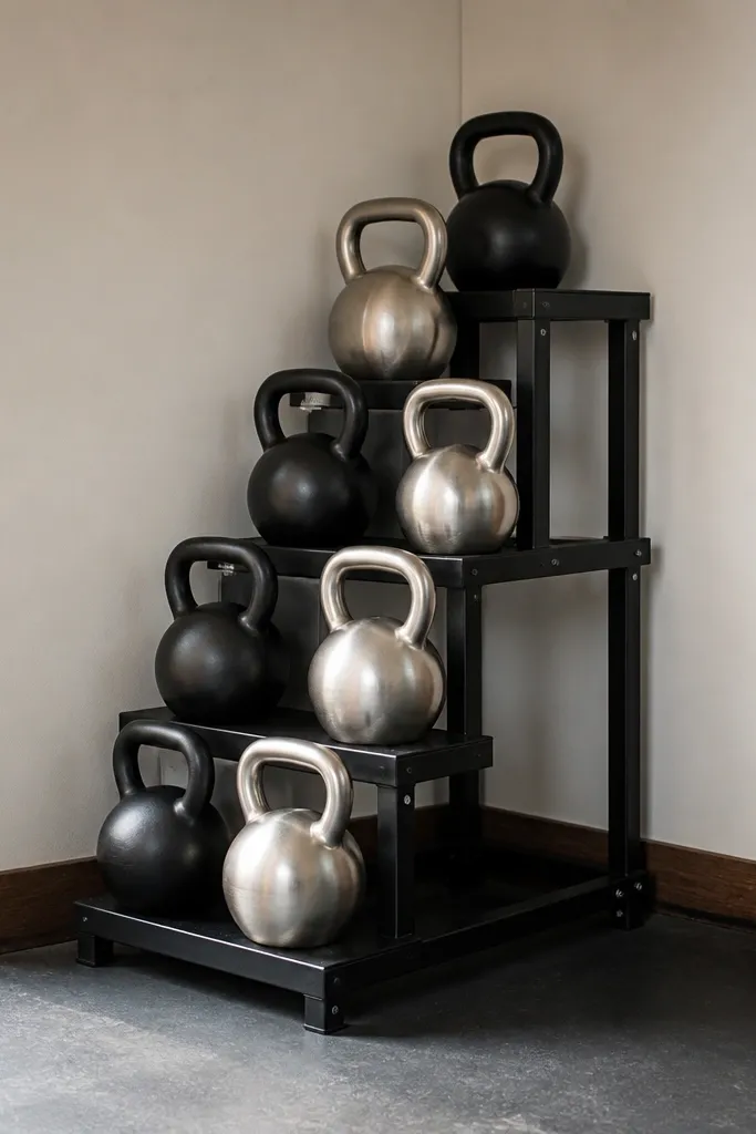 Staggered corner rack holding kettlebells in weight order
