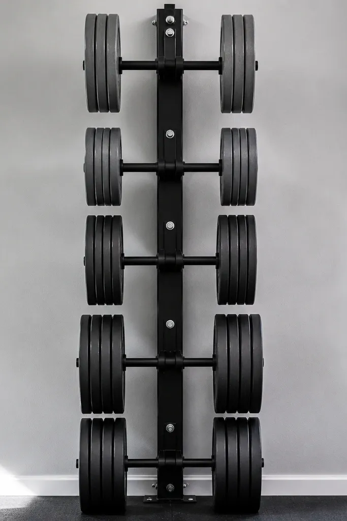 Wall-mounted plate tree with evenly spaced plates centered on a vertical line