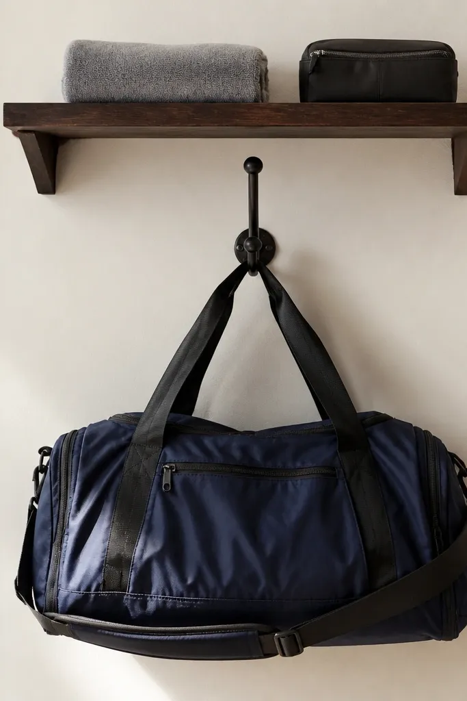 Wall hanger holding a sports bag above a small shelf with accessories