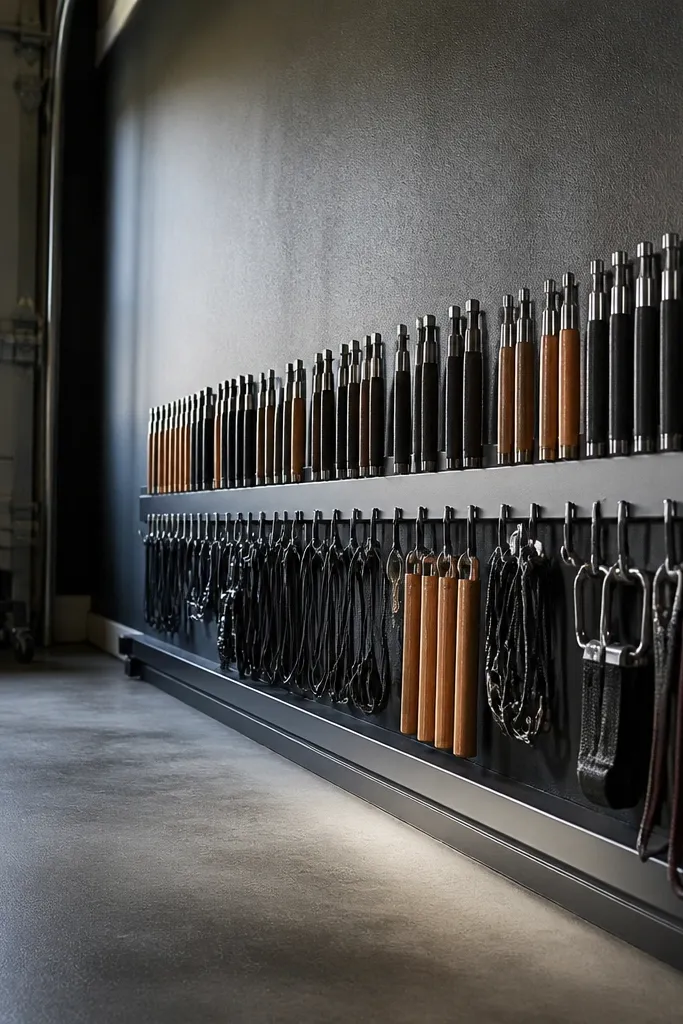 Slim floor rack with wall anchor holding ropes and cords in vertical loops