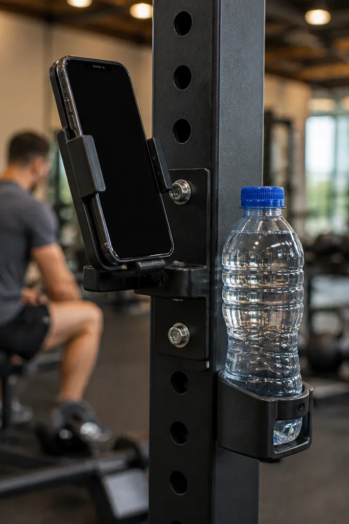 Small shelf attached to rack post holding water bottle and phone stand