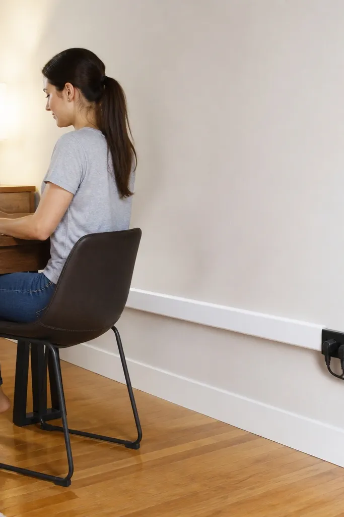 Gray wall track with neatly routed extension cord and a labeled power strip holder