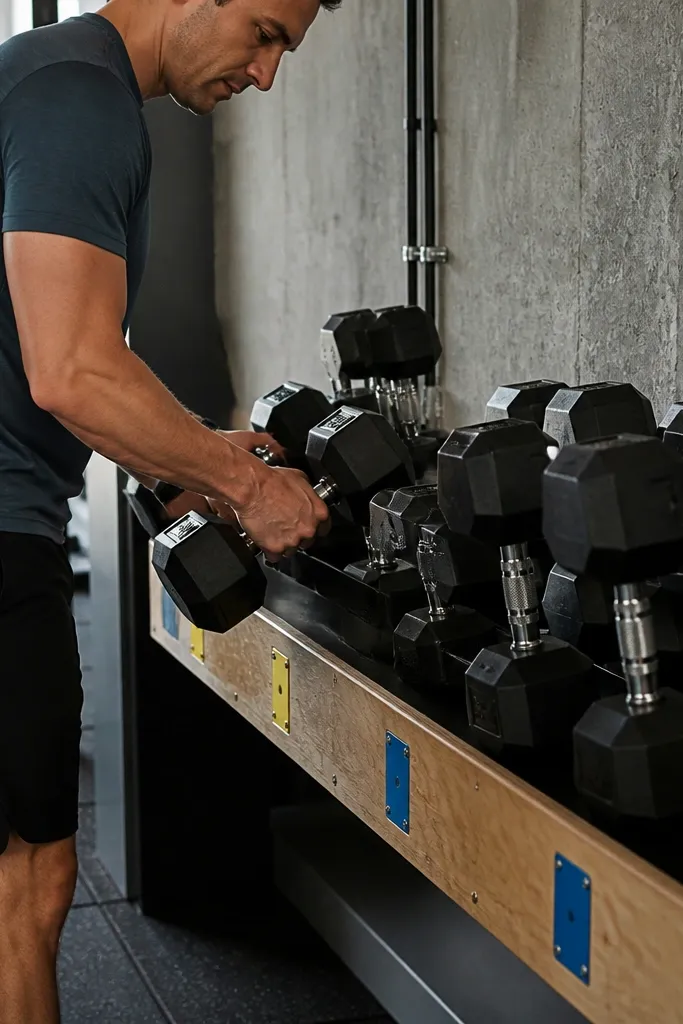 Dumbbell drop zone with low lip and colored tags marking each weight space