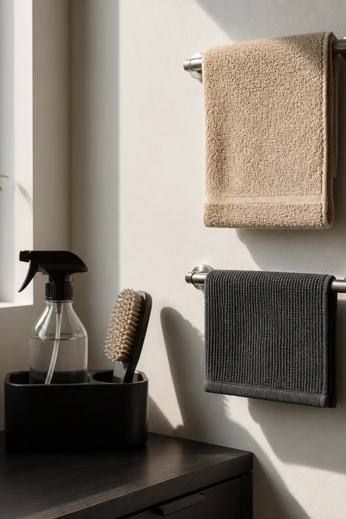 Two towel bars on the wall with neatly folded towels and a small spray bottle nearby
