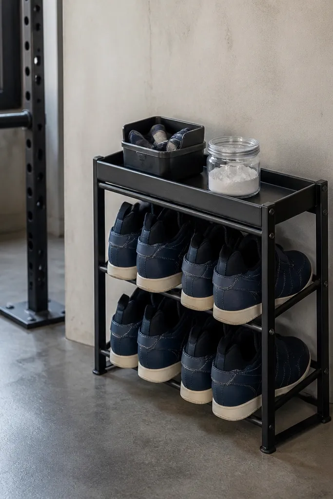 Small shoe rack with a tray for grips and chalk by the lifting area