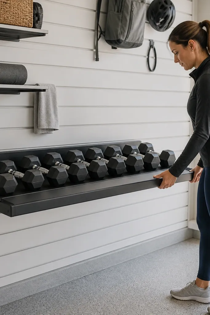 Pull-out shelf on slatwall holding dumbbells in a neat grab lane