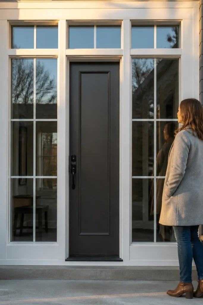 Front door that matches the opening width with balanced trim reveals