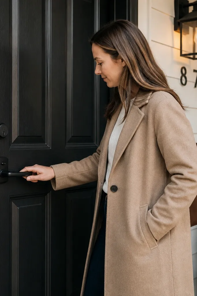 Door hardware sized to the door height with a balanced lever and deadbolt