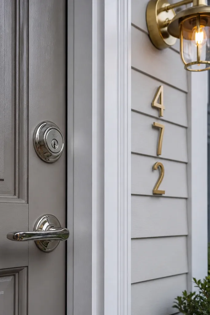 Consistent metal finishes across knob, deadbolt, house numbers, and light fixture