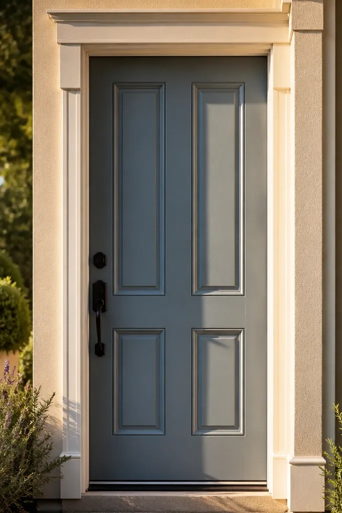 Door paint color harmonizes with trim color and undertone, with crisp edges