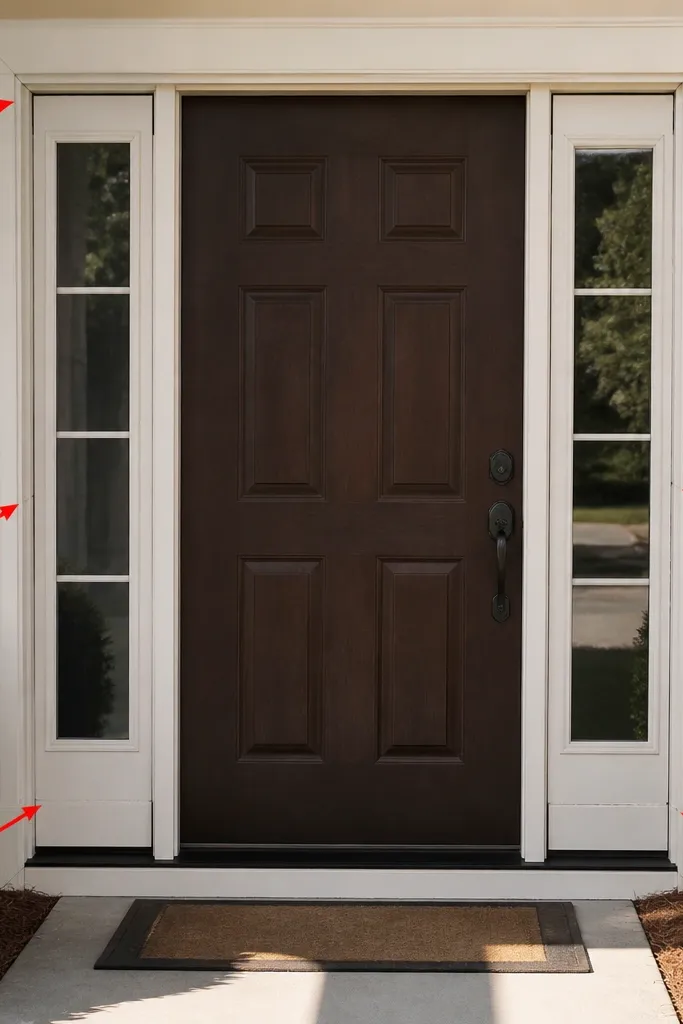 Aligned trim joints around sidelights with consistent spacing and straight lines