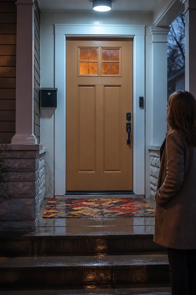 Mat and exterior light tones harmonize with the door color and trim