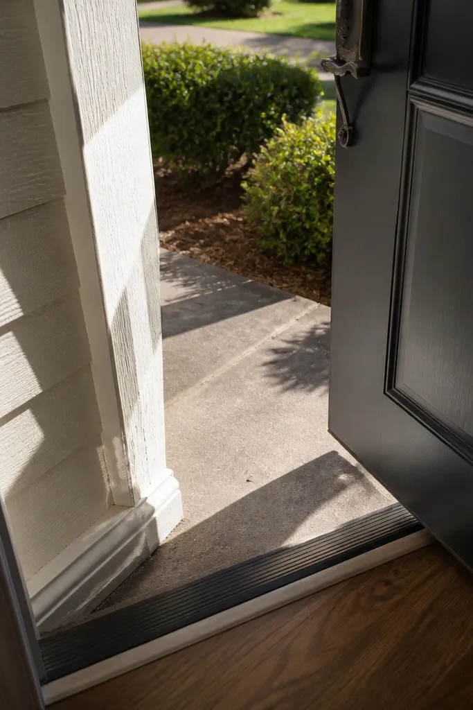 Door opening has enough swing clearance with tidy landscaping and no obstructions