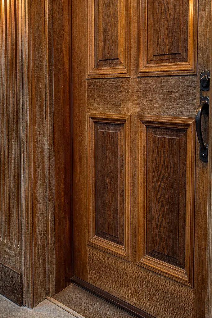 Door stain matches nearby wood tones, with even sheen across panels