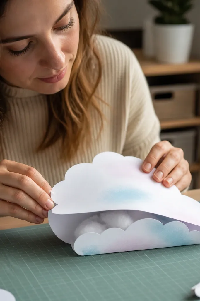 Soft cloud-shaped mini paper squishy with a sealed pocket seam