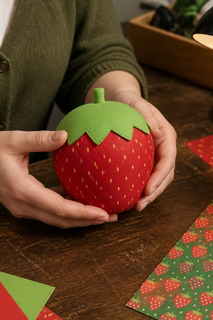 Mini strawberry paper squishy with a green cap and a hidden top seam