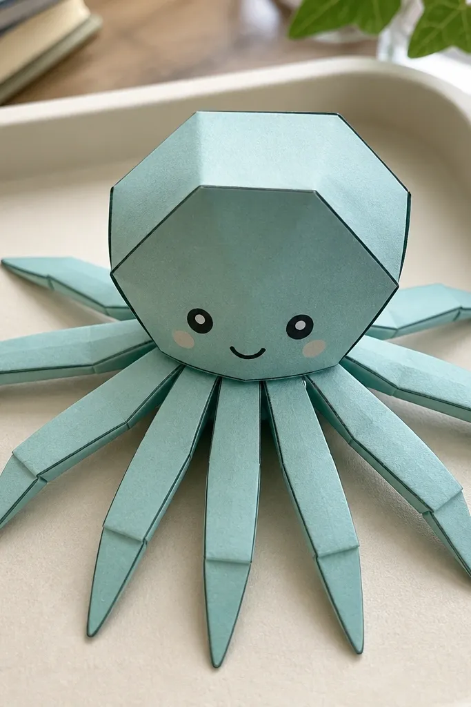 Mini octopus paper squishy with curled legs and a reinforced seam