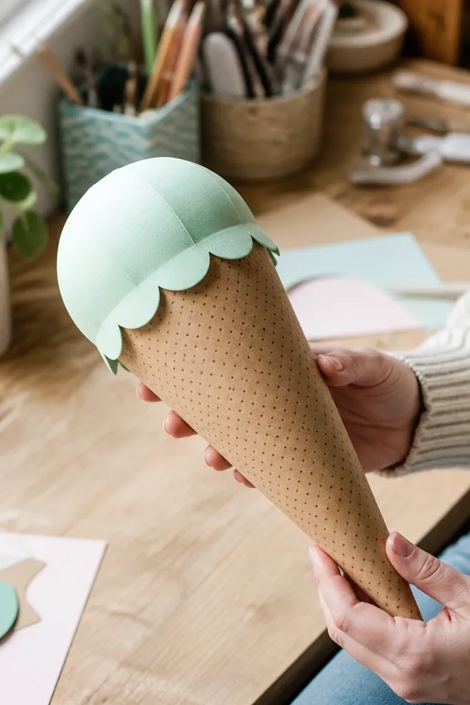 Mini cone paper squishy with a wrapped cone and soft scoop top