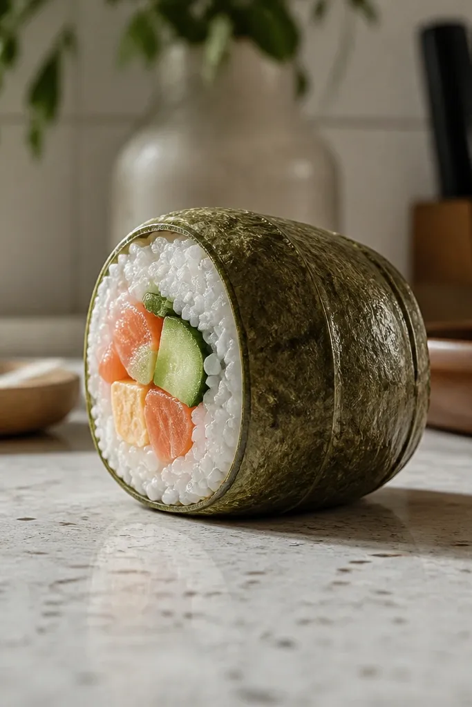 Mini sushi roll paper squishy with tight wrap and clean edge seal