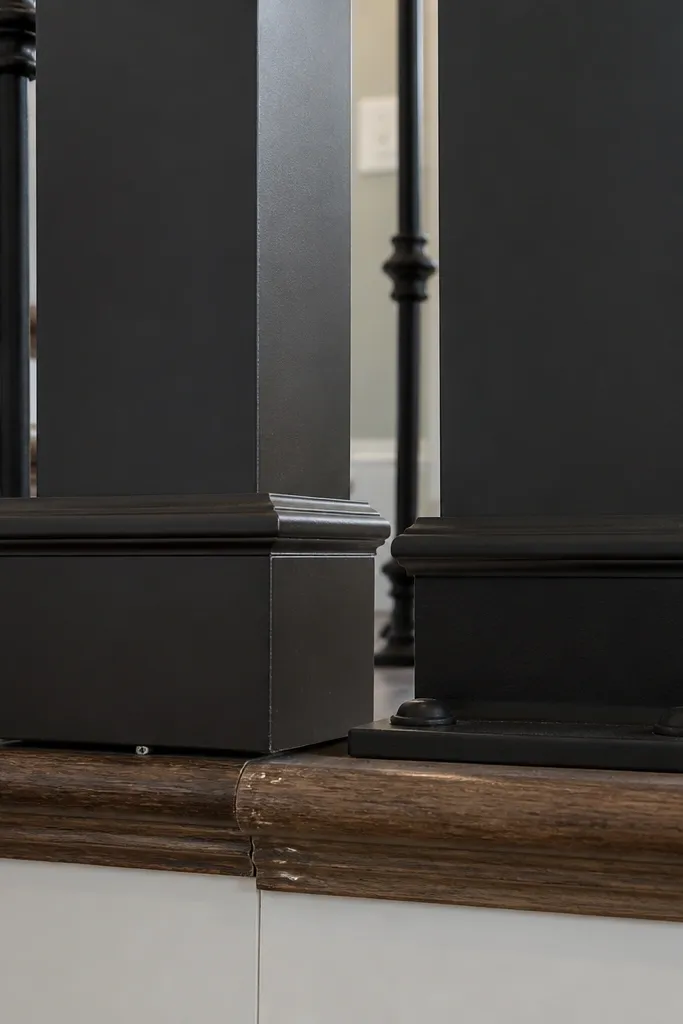 Wood stair post with a loose handrail bracket and exposed screw holes