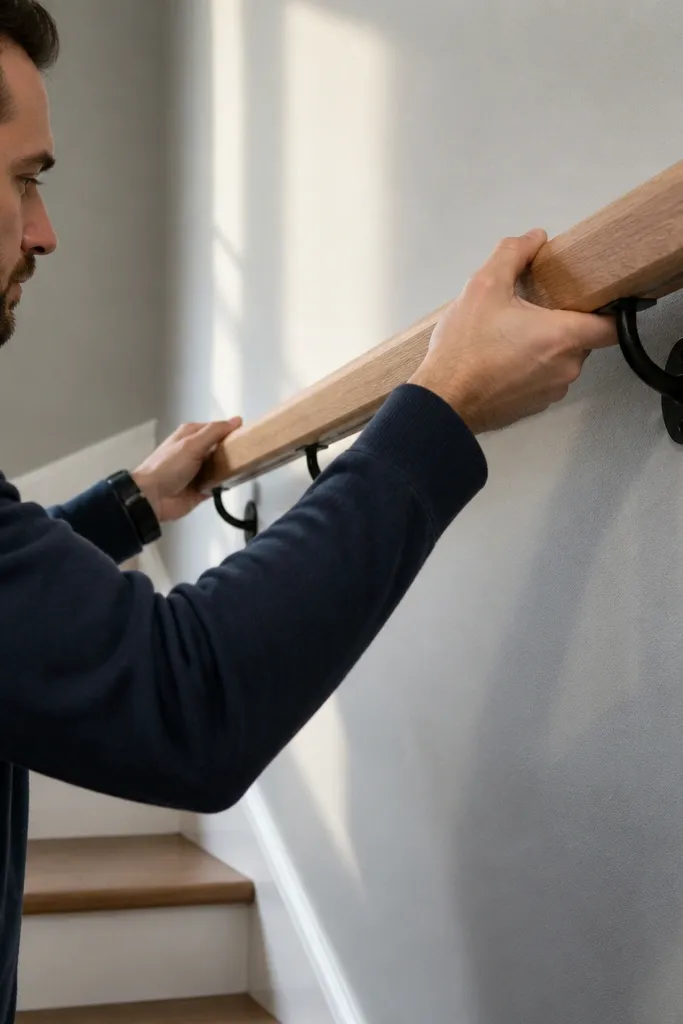 Handrail bracket slightly crooked on a staircase wall