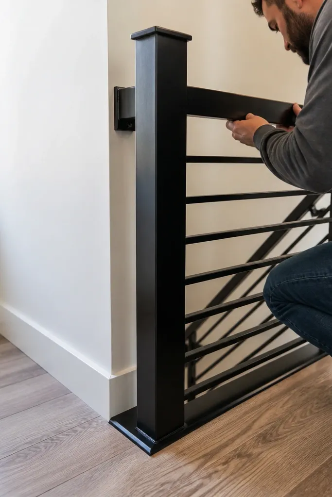 Stair end post with a visible gap where it meets the wall trim