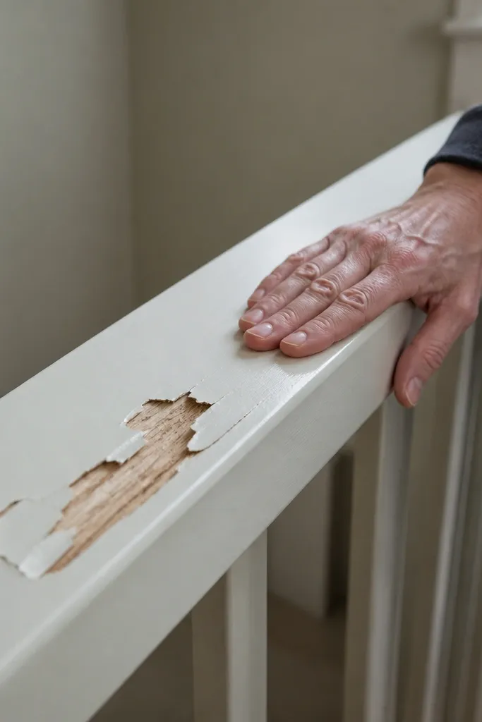 Stair handrail paint peeling and flaking near the grip area
