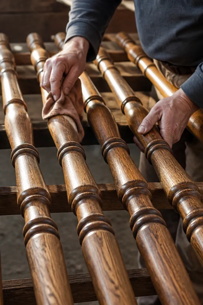 Wood stair spindles with uneven stain patches