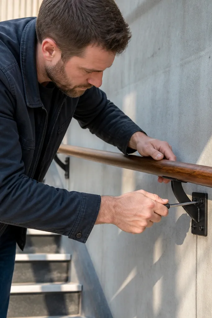 Metal railing brackets with rust spots and discoloration