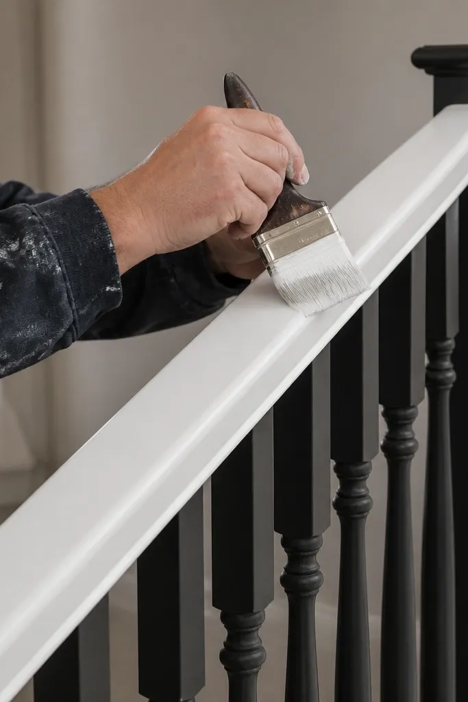 Painted handrail with darker ghost lines where old wood shows through
