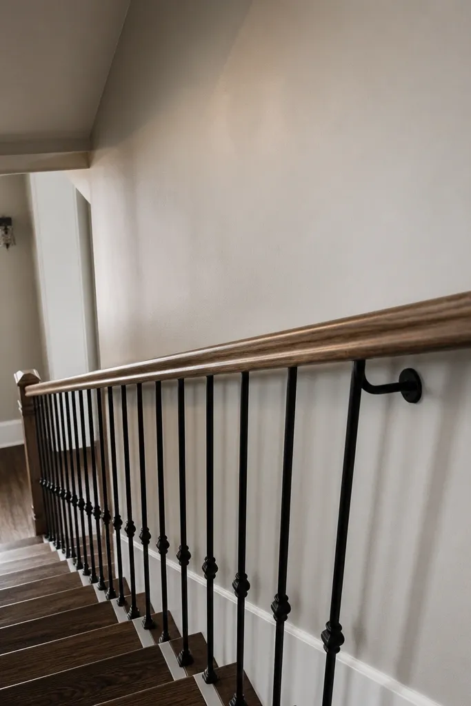 Top rail with slight dips and uneven spacing between spindles
