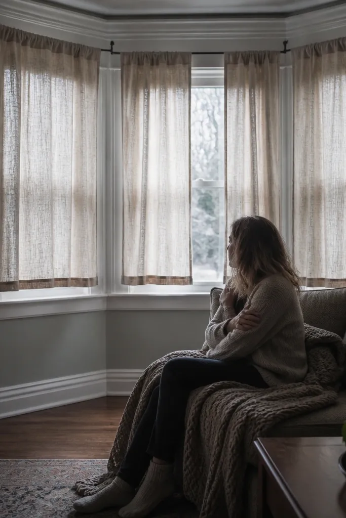 Short curtains that stop above the sill on a bay window