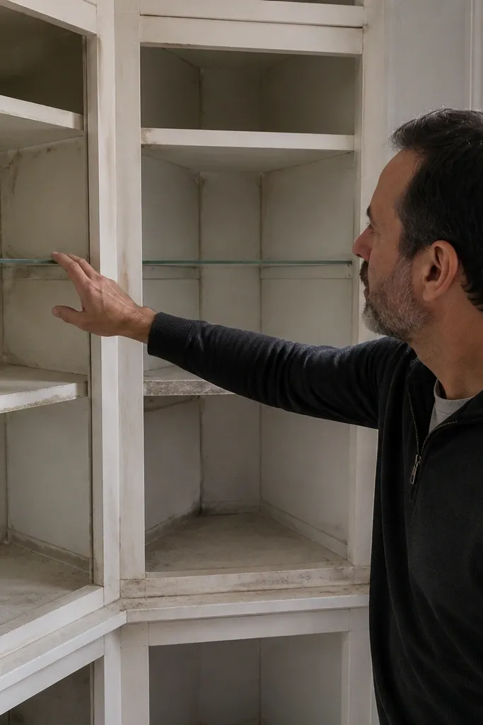 Closed cabinet fronts in a bay window corner that are hard to reach