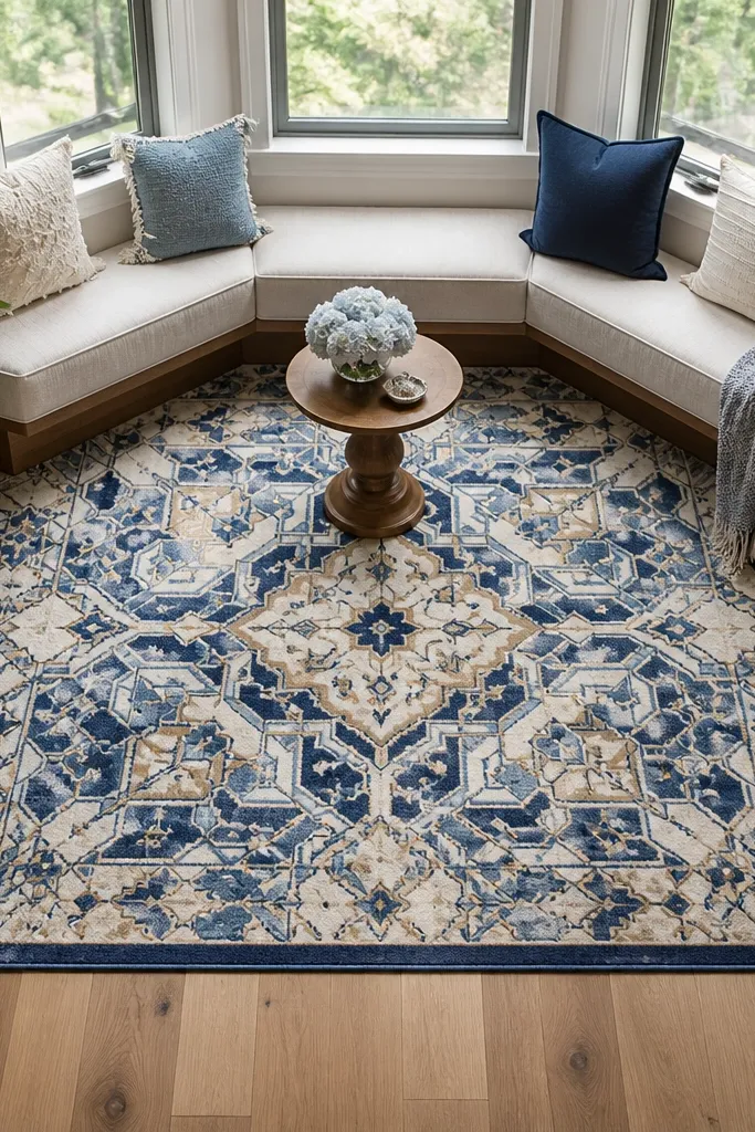 Patterned rug that looks misaligned with the bay seating
