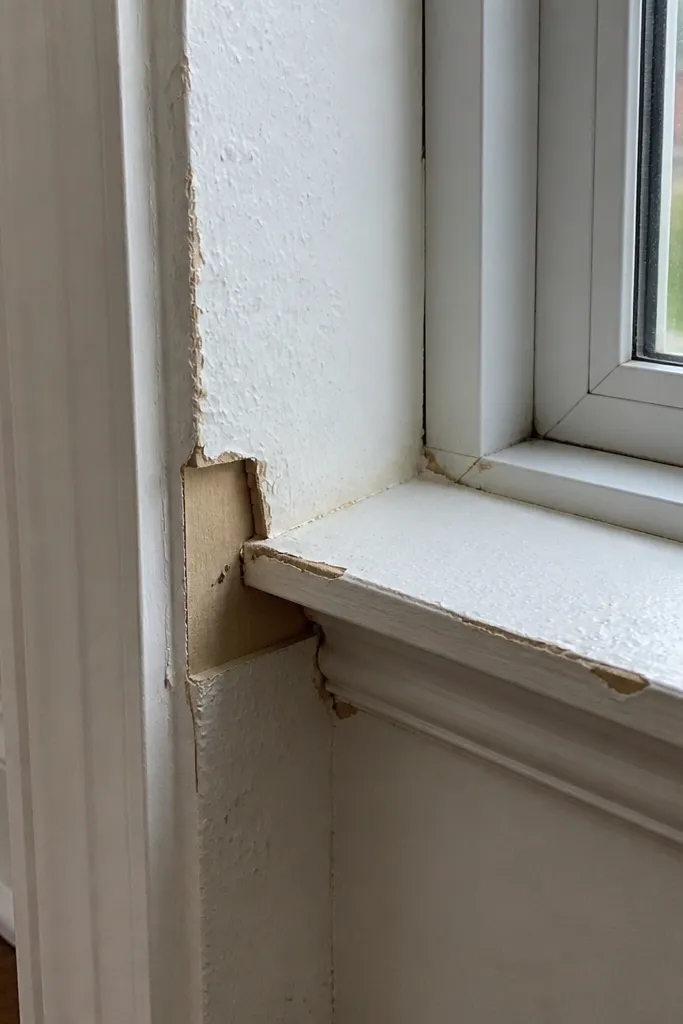 Window trim around bay looks swollen and chipped
