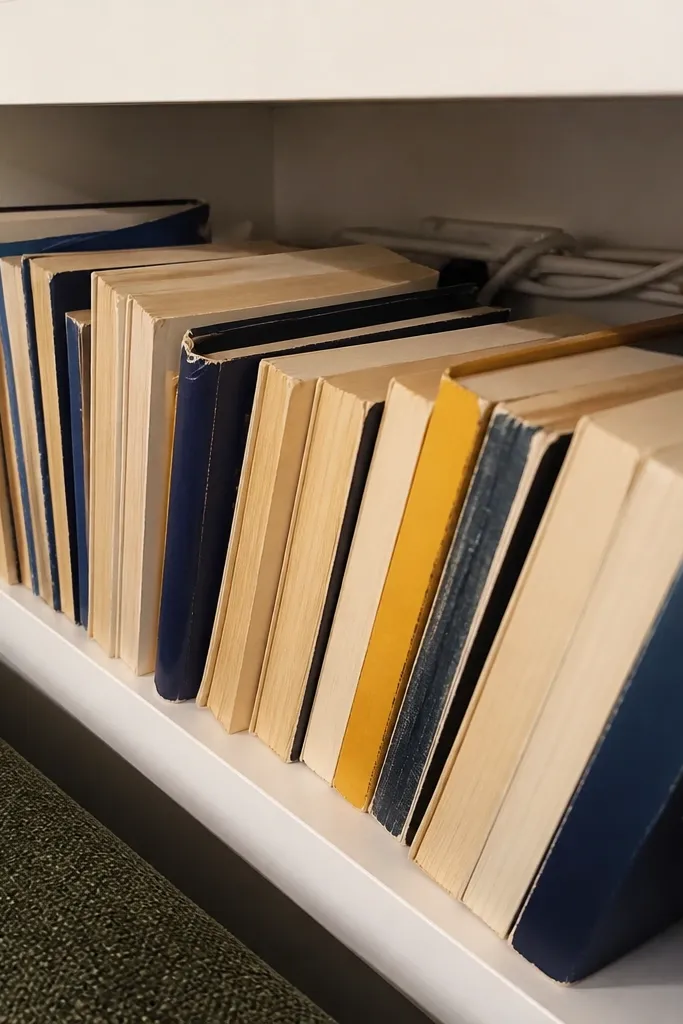 Shallow built-in shelves with books pushed to the edge