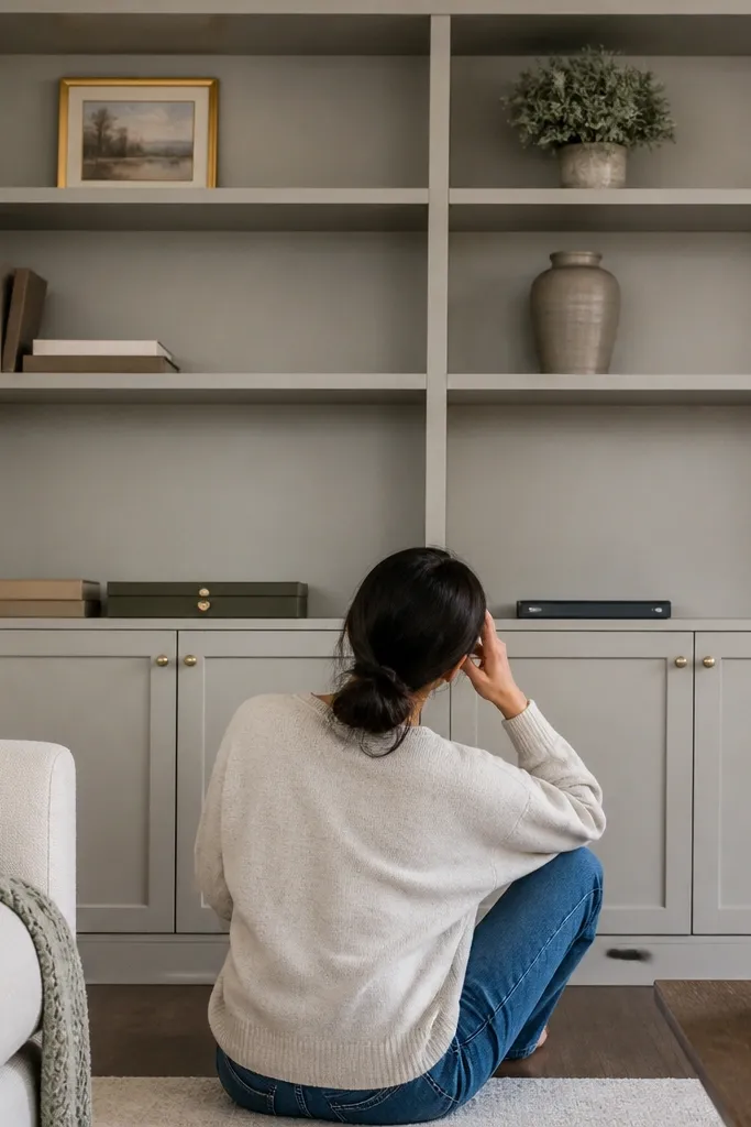 Built-in shelves with binders wedged and tall vases hitting the next shelf
