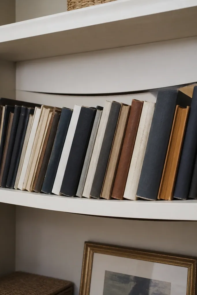 Long shelf bowed downward under stored items