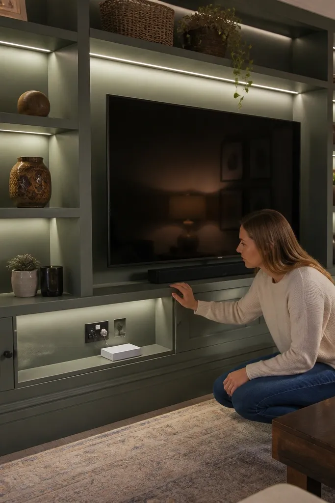 Built-in shelves with inaccessible wiring behind fixed panels