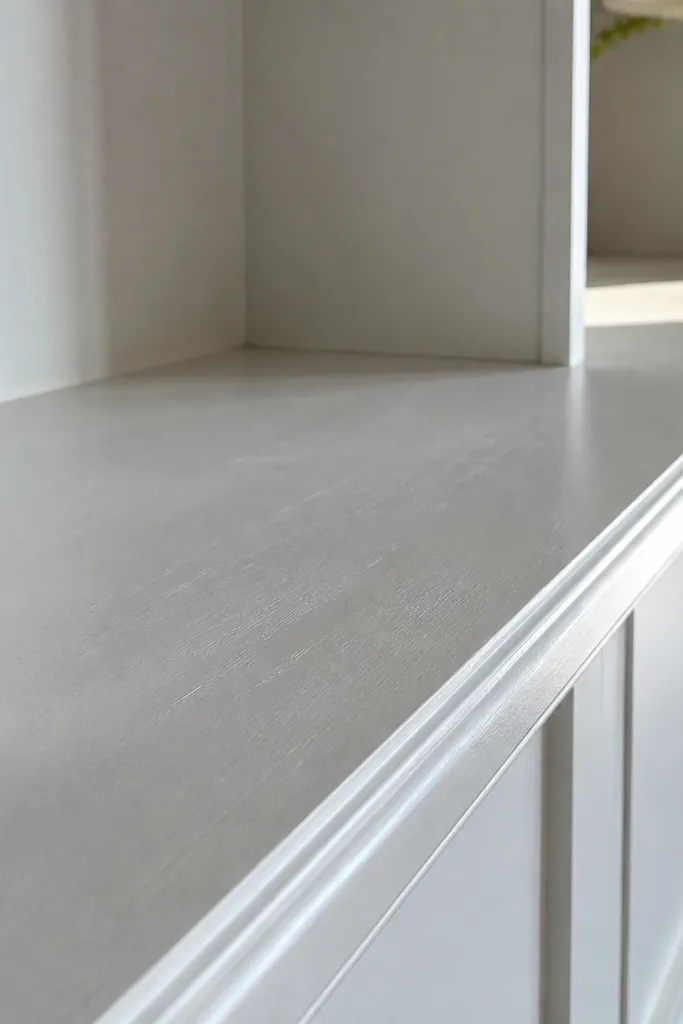 Built-in with uneven sheen between shelves and trim