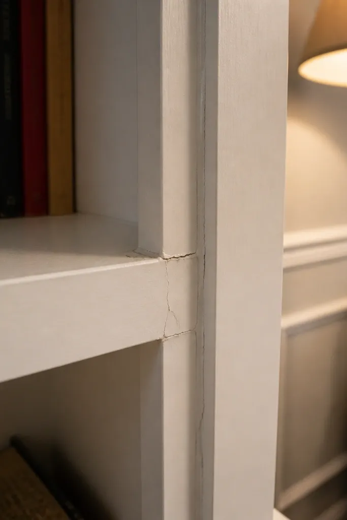 Cracked caulk seams along built-in edges