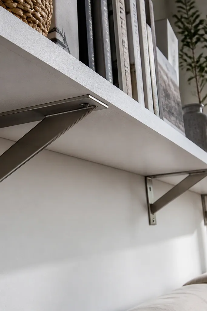 Built-in shelves with exposed brackets and hardware showing