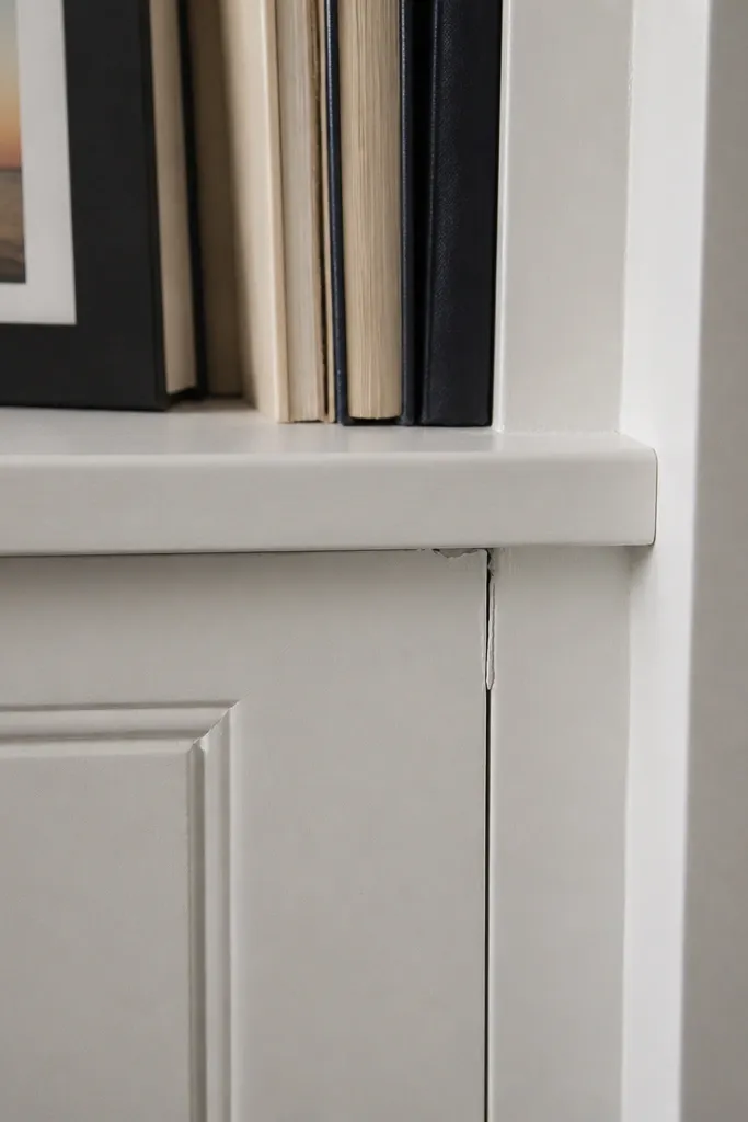 Split wood joints around shelf edges after painting and drying