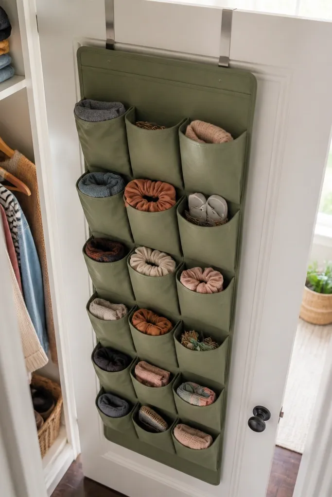 Over-the-door organizer with neat fabric sleeves in matching colors