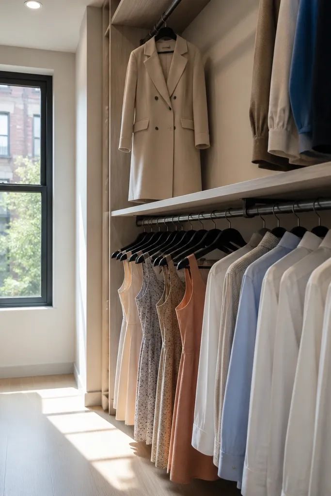 Two hanging rails with short dresses on top and shirts on bottom