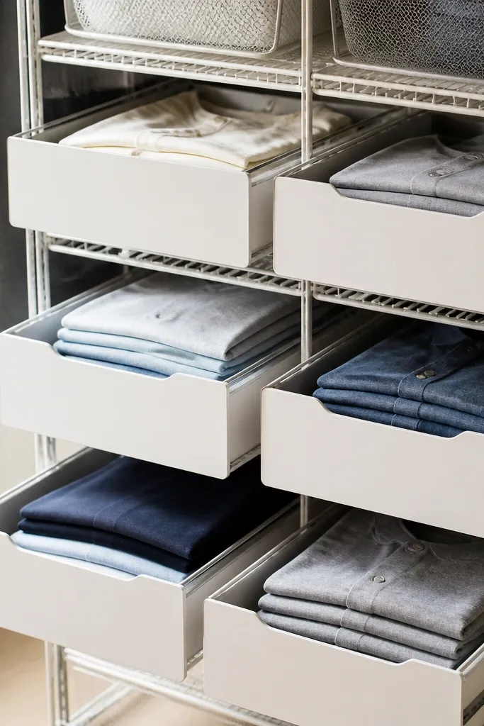 Wire shelf with drawer-like bins holding neatly folded shirts